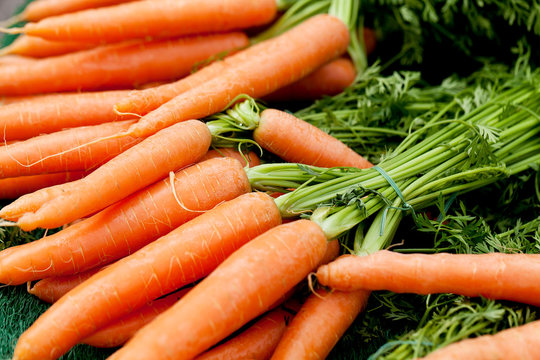 Frische Orangene Karotten gelbe r&uuml;ben mit gr&uuml;n als Bund auf ei