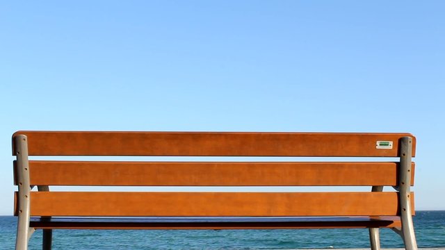 People passing by a bench at the sea