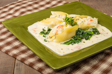 Pasta shells stuffed with crab