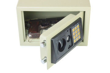 Open digital safe with gun and money