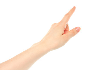 Woman hand on white background.