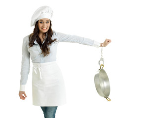Smiling chef handcuffed to a pot