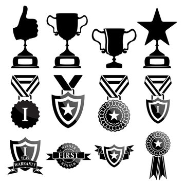 Vector black trophy and awards icons set