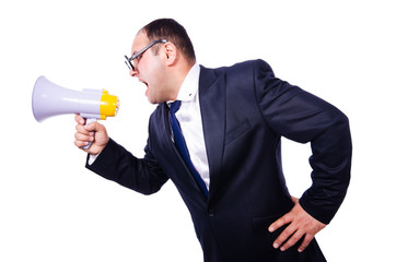 Funny man with loudspeaker on white