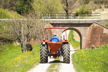 Red tractor with little railway bridge