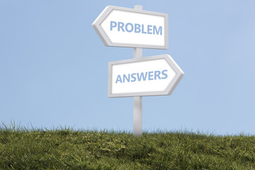 Sign posts spelling out problem and answers