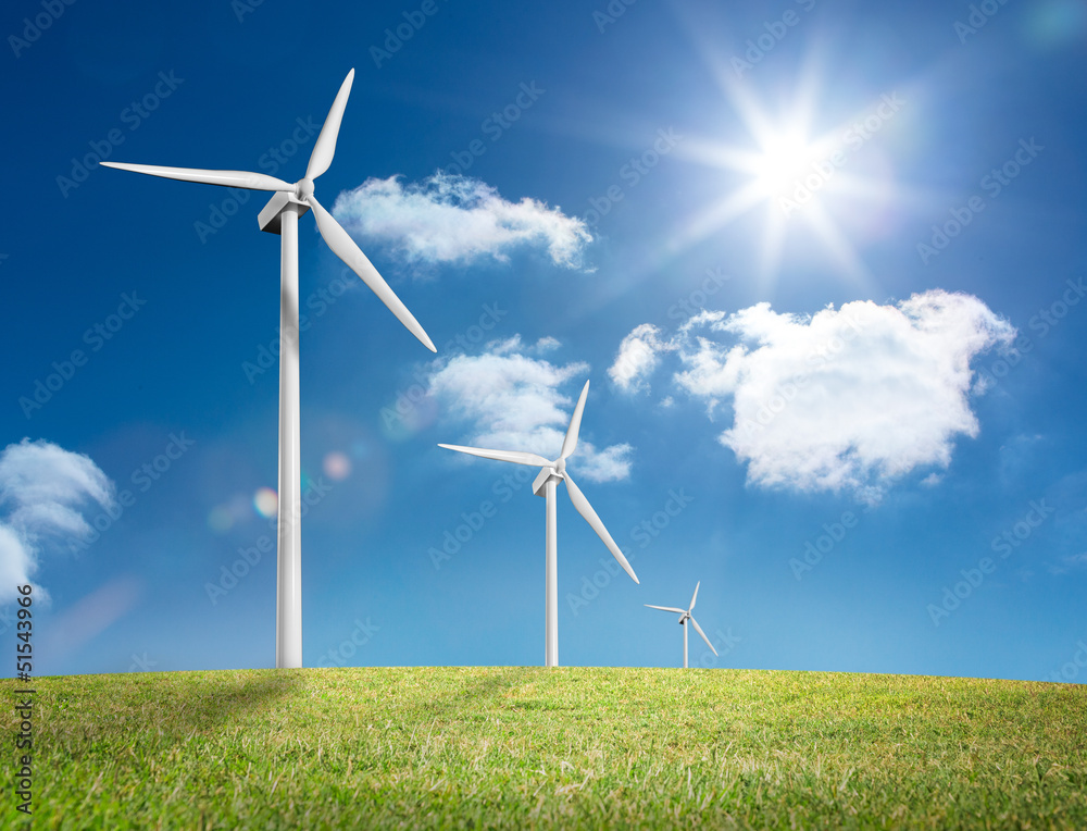Poster digital landscape with three wind turbines