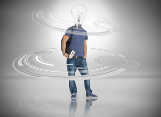 Student with light bulb for a head circled by dials