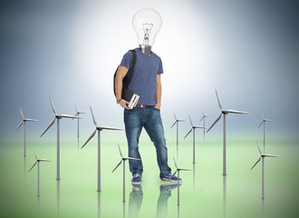 Student with lightbulb head with wind turbines