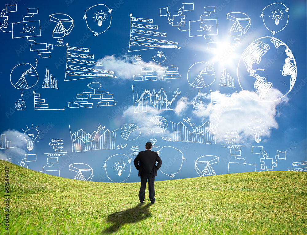 Poster businessman looking at white graphs and data in the sky