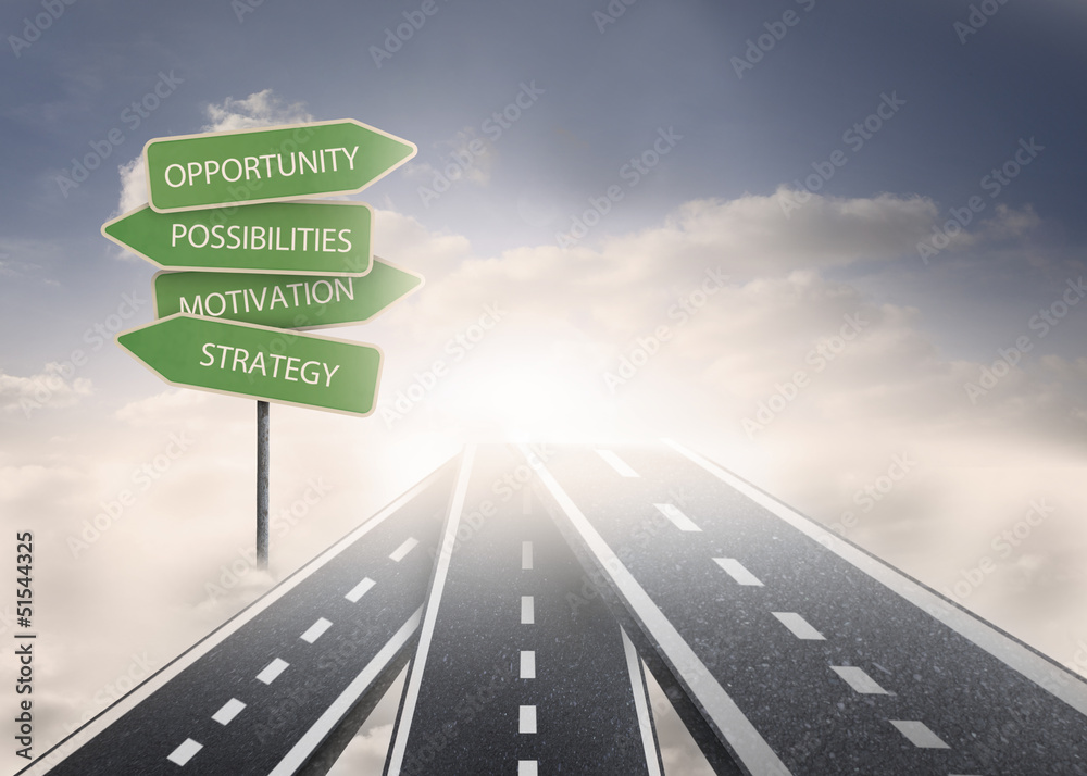 Poster road over clouds with business terms on signposts