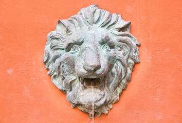 Closeup of antique lion spitting water