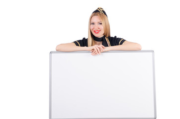 Woman stewardess with blank board