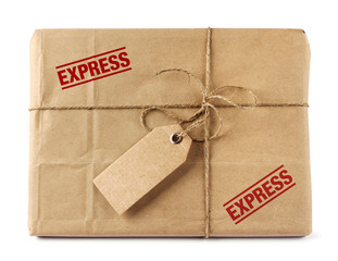 Brown mail express delivery package with tag