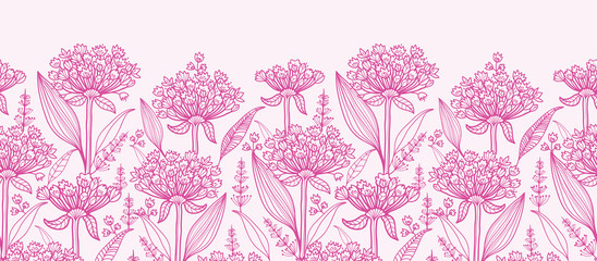 Vector pink lillies lineart horizontal border seamless pattern