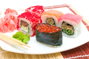 sushi with caviar and fish close-up