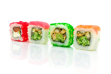 different sushi closeup isolated on white background
