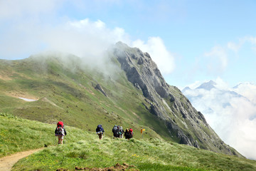 Tourist team hiking on trail in mountains - 51559978