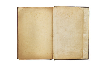 Old opened book with blank pages isolated over white background
