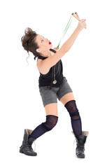 Young woman with slingshot