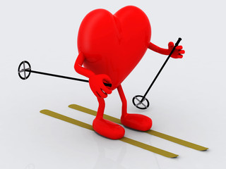heart with arms and legs, ski and stick