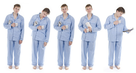 Man in pajamas with newspaper set of different positions