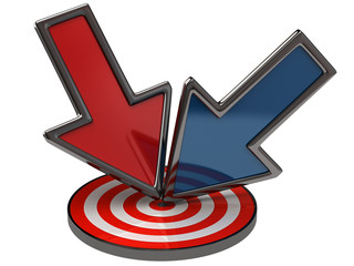 Blue and red arrow in target on white background