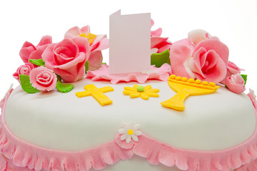 Festliche Kommunion Torte mit Fondant-Rosen.