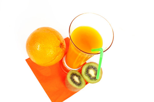 Glass of orange juice  and orange and kiw
