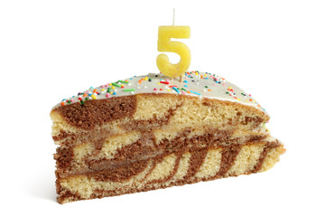 Slice of birthday cake with number five candle