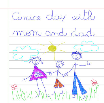 foglio di quaderno di un bambino con testo e disegno