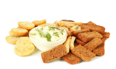 Fototapeta na wymiar Crackers and sauce, isolated on white
