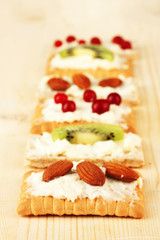 Tasty canapes with cheese, kiwi and cranberry, almond,