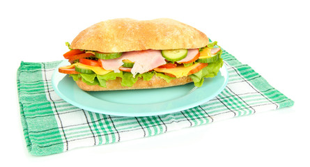 Fresh and tasty sandwich with ham and vegetables isolated