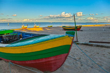 Fishing boats on the beach in Sopot, Polad. - obrazy, fototapety, plakaty