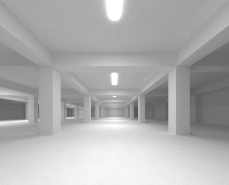 Abstract white empty underground parking interior