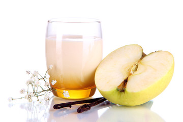 Delicious yogurt in glass with apple isolated on white