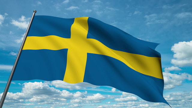 Sweden flag waving against time-lapse clouds background