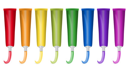 Naklejka premium 8 Farbtuben in Regenbogenfarben mit ausgedrückter Farbe