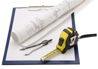 Compass , plan and tape measure at form