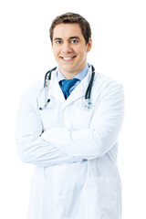Fototapeta premium Portrait of happy smiling doctor, isolated on white