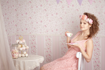 Fototapeta na wymiar Vintage woman with tea