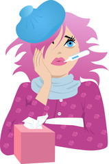 Pretty woman with ice pack, thermometer and bpx of tissues