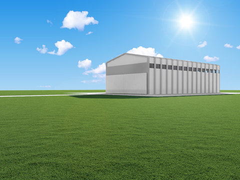 Modern Warehouse on beautiful landscape with sun and clouds
