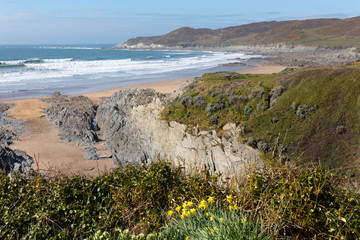 Woolacombe bay and beach Devon England view towards Morte Point