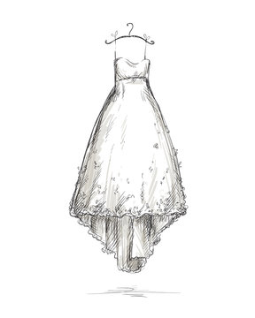 Wedding Dress On A Hanger, Hand Drawn.