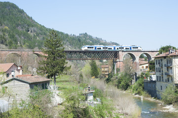 Diesel train on railway bridge