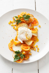 Roasted potato, corn and pepper, fresh cherry, poached egg