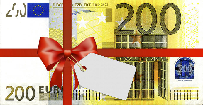200 Euroschein mit Geschenkband und Label