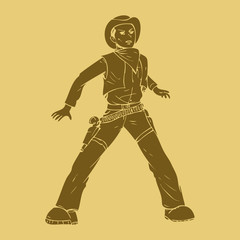 A cowboy ready for a duel in carved style illustration